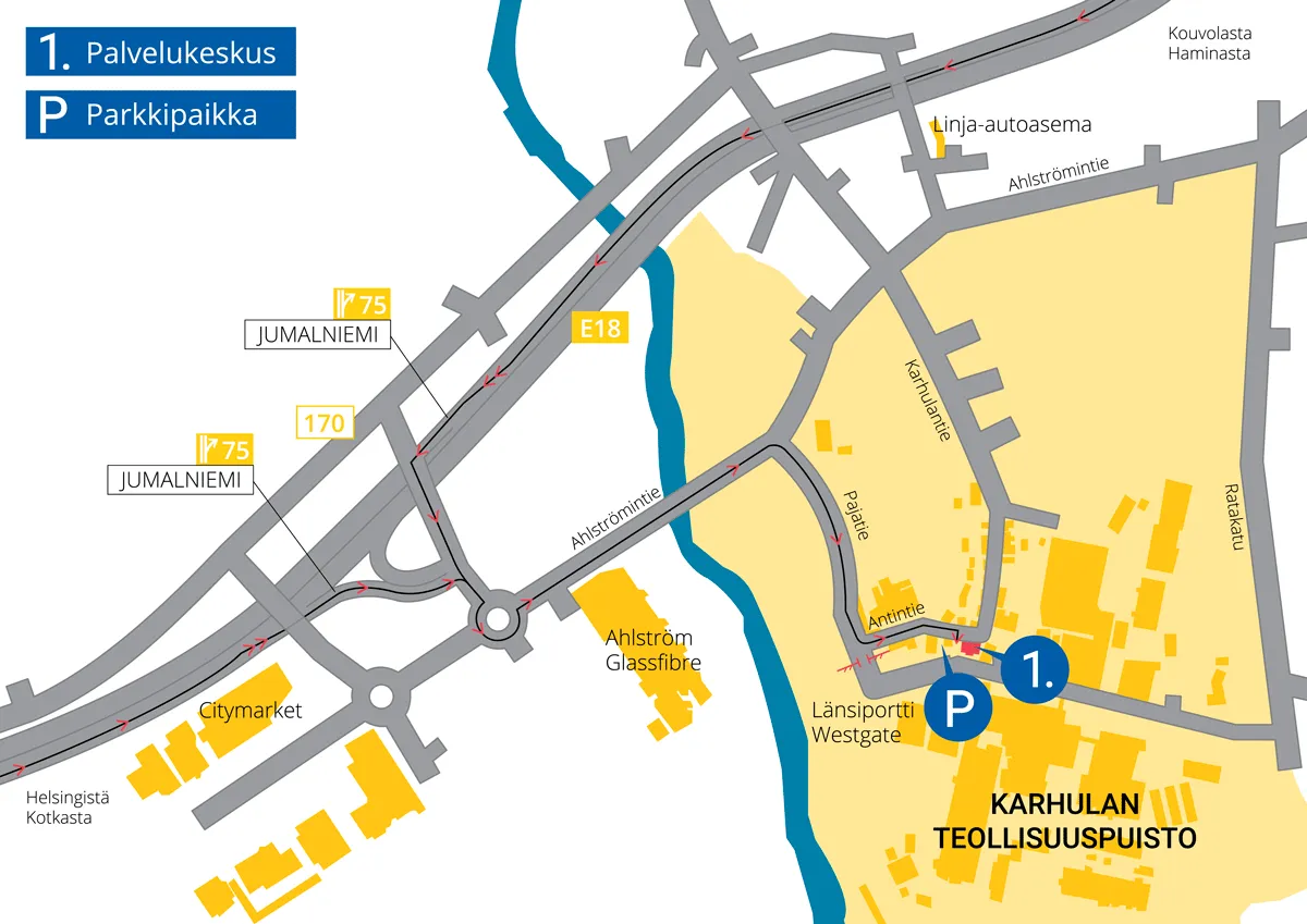 Lähestymiskartta Karhulan Teollisuuspuistoon